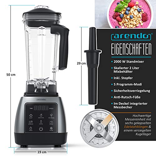 Arendo - Standmixer 2000 Watt mit Touchpanel - Hochleitungsmixer - 2L - 9 Geschwindigkeitsstufen – max. 24.000 U/min - Pulsfunktion – Timer – 5