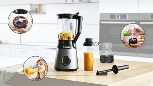 Bosch Standmixer, Smoothie Maker, 30,000 U/min, 1200 W, Edelstahl-Messer, 1,5l ThermoSafe Glasbehälter, 0,6l ToGo-Flasche, Zerkleinerer, Made in