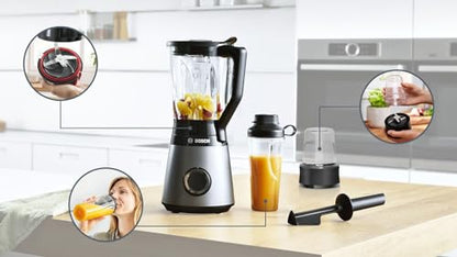 Bosch Standmixer, Smoothie Maker, 30,000 U/min, 1200 W, Edelstahl-Messer, 1,5l ThermoSafe Glasbehälter, 0,6l ToGo-Flasche, Zerkleinerer, Made in