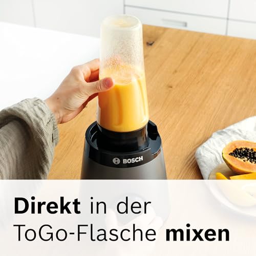 Bosch Standmixer, Smoothie Maker, 30,000 U/min, 1200 W, Edelstahl-Messer, 1,5l ThermoSafe Glasbehälter, 0,6l ToGo-Flasche, Zerkleinerer, Made in