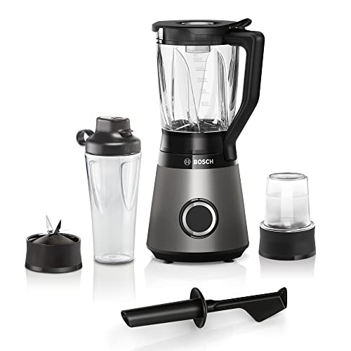 Bosch Standmixer VitaPower Serie 4 MMB6177S, Edelstahl-Klingen Made in Germany, 1,5l ThermoSafe Glasbehälter, 0,6l To-Go-Flasche, 30,000 U/min, 1200