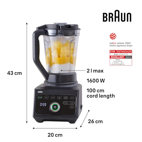 Braun PowerBlend 9 JB9040BK Hochleistungs-Standmixer mit 1600 Watt Motor, 2 l Tritan-Behälter, 18 Programme, 10 Geschwindigkeiten, Schwarz