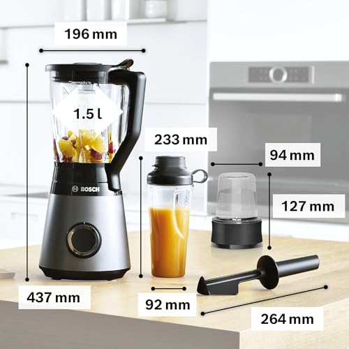 Bosch Standmixer, Smoothie Maker, 30,000 U/min, 1200 W, Edelstahl-Messer, 1,5l ThermoSafe Glasbehälter, 0,6l ToGo-Flasche, Zerkleinerer, Made in