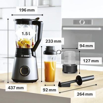 Bosch Standmixer, Smoothie Maker, 30,000 U/min, 1200 W, Edelstahl-Messer, 1,5l ThermoSafe Glasbehälter, 0,6l ToGo-Flasche, Zerkleinerer, Made in