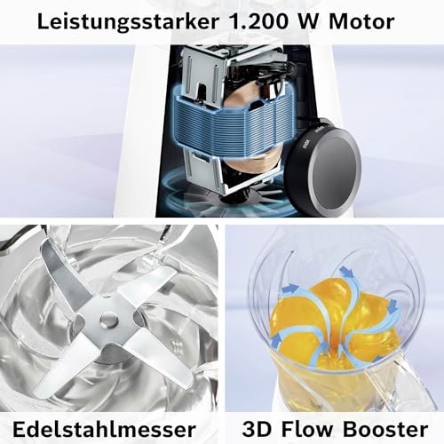 Bosch Standmixer Smoothie Maker, 1200 W, 1,5l Kunststoff-Mixbehälter (Tritan), weiß, spülmaschinenfeste Teile, 30.000 U/min, Made in Europe