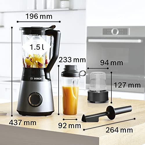 Bosch Standmixer VitaPower Serie 4 MMB6177S, Edelstahl-Klingen Made in Germany, 1,5l ThermoSafe Glasbehälter, 0,6l To-Go-Flasche, 30,000 U/min, 1200