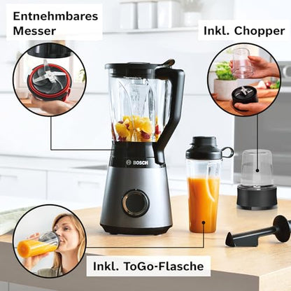 Bosch Standmixer, Smoothie Maker, 30,000 U/min, 1200 W, Edelstahl-Messer, 1,5l ThermoSafe Glasbehälter, 0,6l ToGo-Flasche, Zerkleinerer, Made in