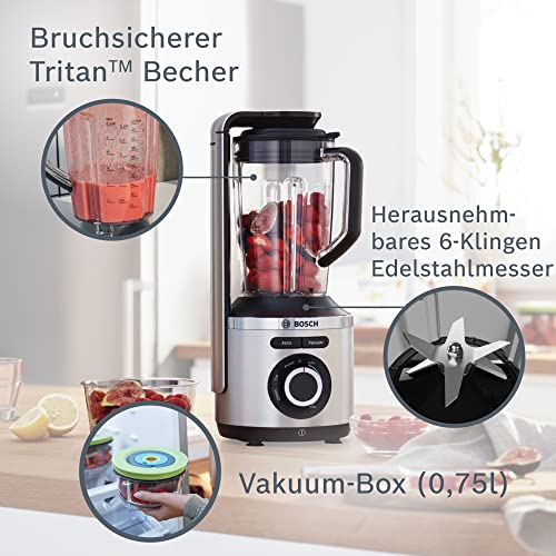 Bosch Vakuum-Standmixer, Smoothie Maker, 37.000 U/min, 1000 W, 4 Automatikprogramme, Vakuum- Frischhaltebehälter, VitaPower Serie 8 MMBV622M