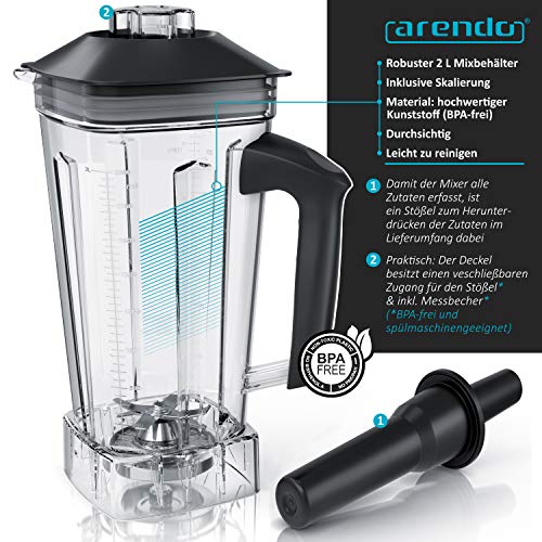 Arendo - Standmixer 2000 Watt mit Touchpanel - Hochleitungsmixer - 2L - 9 Geschwindigkeitsstufen – max. 24.000 U/min - Pulsfunktion – Timer – 5