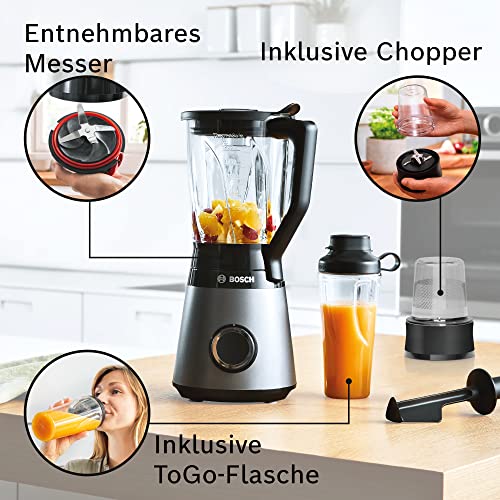 Bosch Standmixer VitaPower Serie 4 MMB6177S, Edelstahl-Klingen Made in Germany, 1,5l ThermoSafe Glasbehälter, 0,6l To-Go-Flasche, 30,000 U/min, 1200