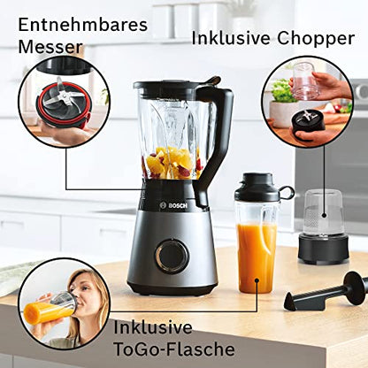 Bosch Standmixer VitaPower Serie 4 MMB6177S, Edelstahl-Klingen Made in Germany, 1,5l ThermoSafe Glasbehälter, 0,6l To-Go-Flasche, 30,000 U/min, 1200