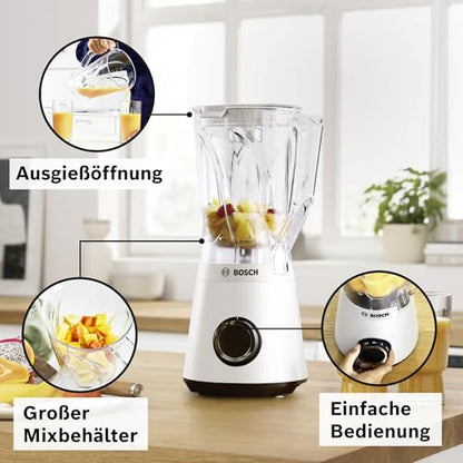 Bosch Standmixer Smoothie Maker, 1200 W, 1,5l Kunststoff-Mixbehälter (Tritan), weiß, spülmaschinenfeste Teile, 30.000 U/min, Made in Europe