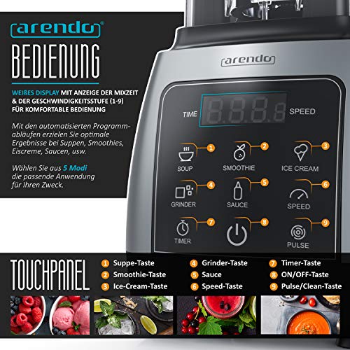 Arendo - Standmixer 2000 Watt mit Touchpanel - Hochleitungsmixer - 2L - 9 Geschwindigkeitsstufen – max. 24.000 U/min - Pulsfunktion – Timer – 5