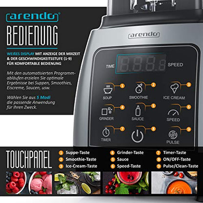 Arendo - Standmixer 2000 Watt mit Touchpanel - Hochleitungsmixer - 2L - 9 Geschwindigkeitsstufen – max. 24.000 U/min - Pulsfunktion – Timer – 5