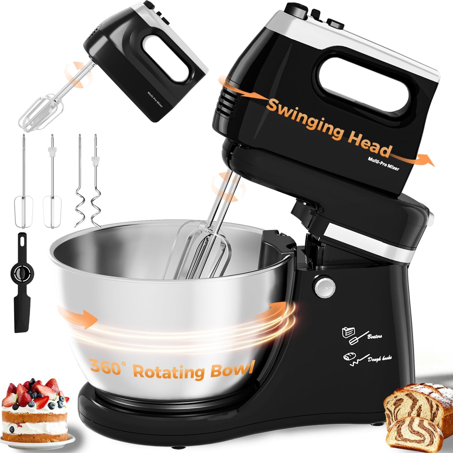 Handmixer für die elektrische Küche 2 in 1 4,8 Liter und Mixer mit kippbarem Kopf 250 Watt 5 Geschwindigkeitsstufen mit Turbo Boost Haushaltsmixer
