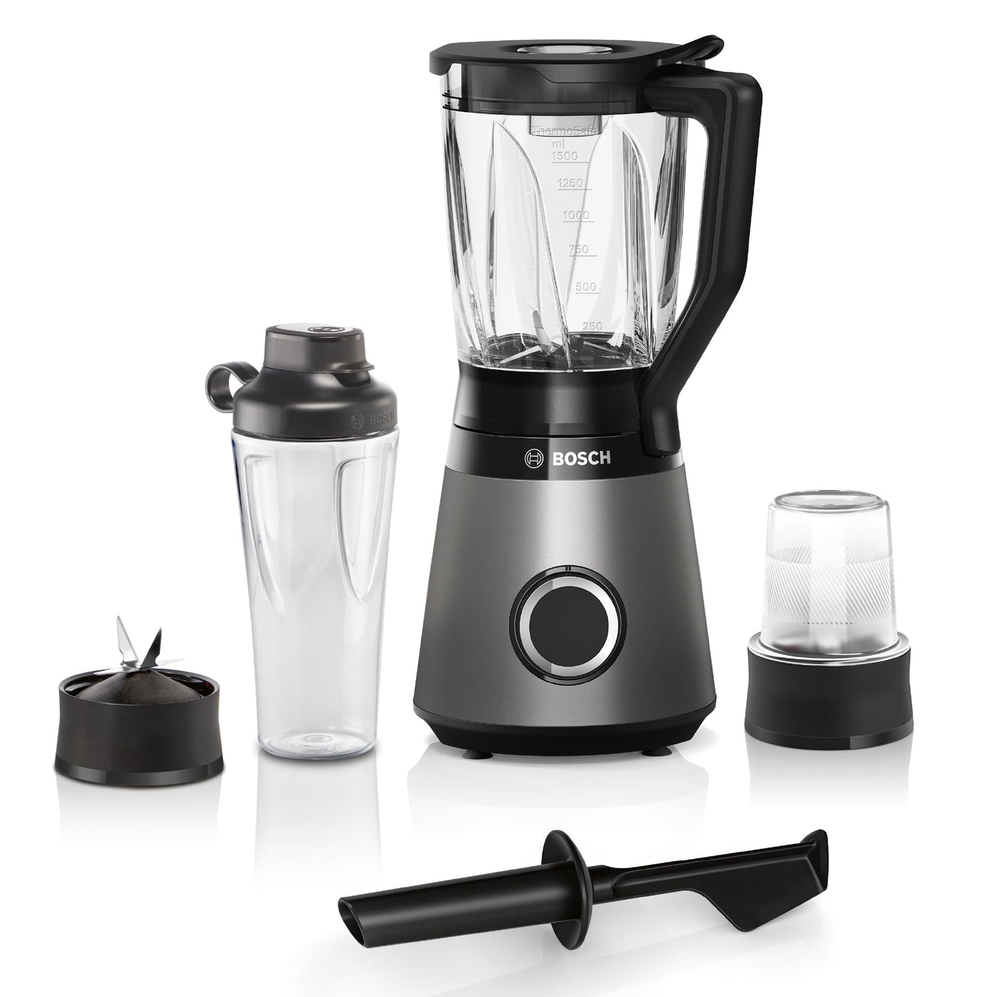 Bosch Standmixer, Smoothie Maker, 30,000 U/min, 1200 W, Edelstahl-Messer, 1,5l ThermoSafe Glasbehälter, 0,6l ToGo-Flasche, Zerkleinerer, Made in